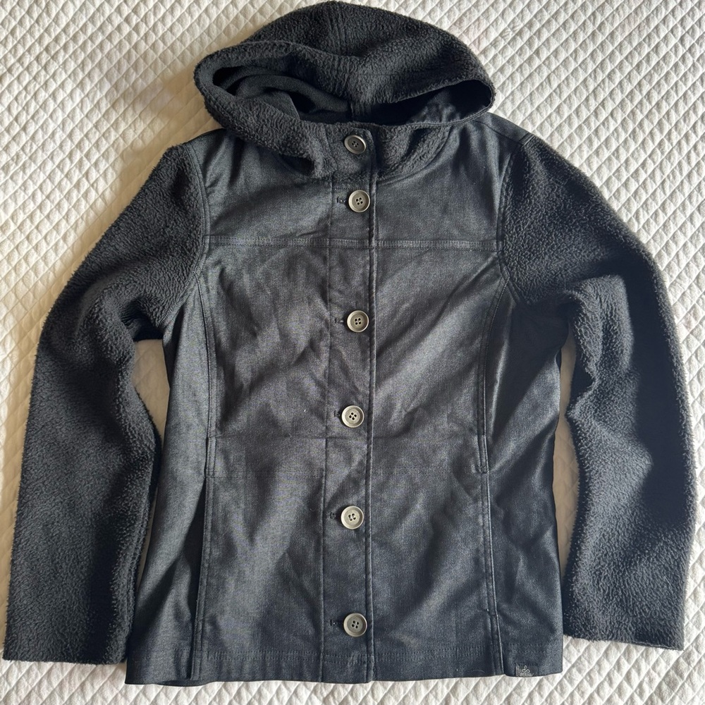 Prana Jacket Women's Size M Lightweight Hooded Button Front Coat Black